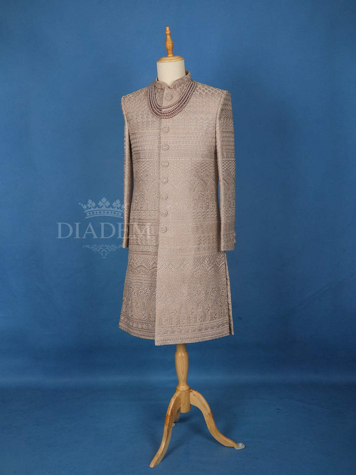 Pale Lilac Semi Silk Floral Designed Sherwani Suit - Diadem