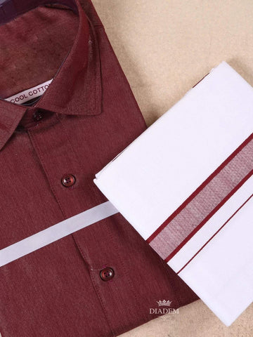 Maroon Plain Cotton Full-Sleeve Shirt with Matching Border Dhoti Set - Diadem