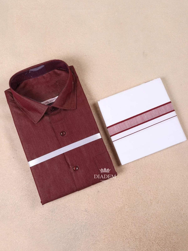 Maroon Plain Cotton Full-Sleeve Shirt with Matching Border Dhoti Set - Diadem