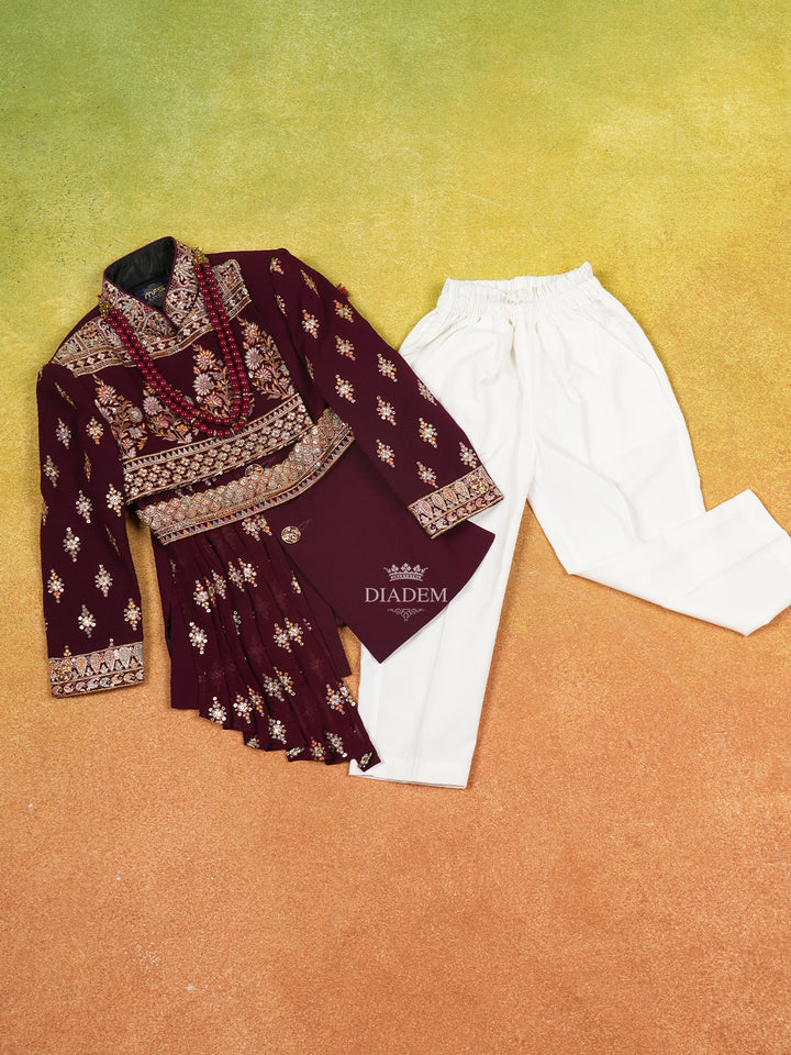 Maroon Sherwani and Pant Set with Floral