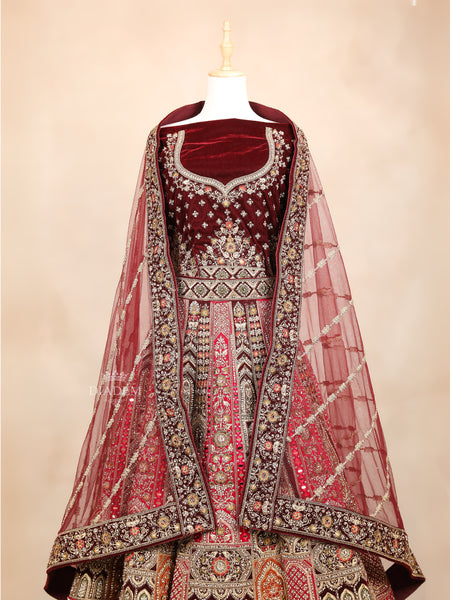 Maroon Velvet Lehenga Floral Embroidery