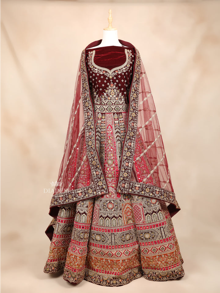 Maroon Velvet Semi Stitched Lehenga