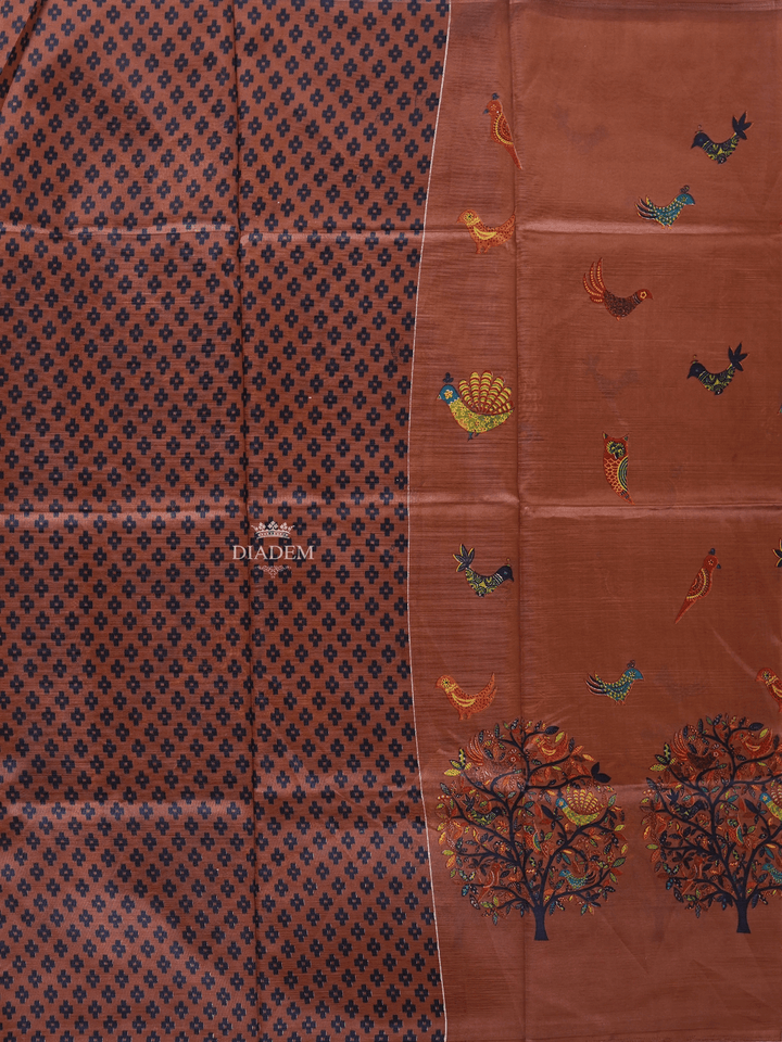 Brown Poly Cotton Saree With Bird and Tree Patterns on the Body with Matching Border - Diadem