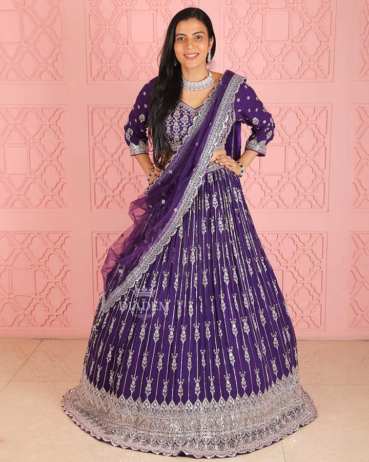 Purple Designer Party Wear Bridal Lehenga with Floral Embroidery - Diadem