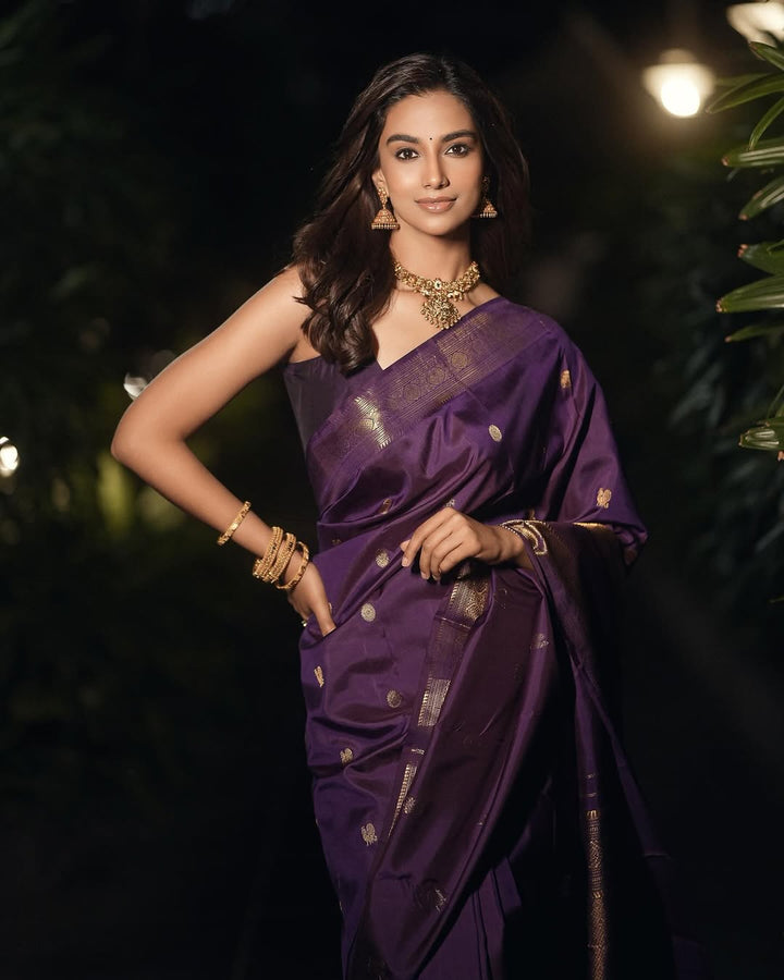 Purple Peacock Motifs Pure Kanchipuram Silk Saree - Diadem