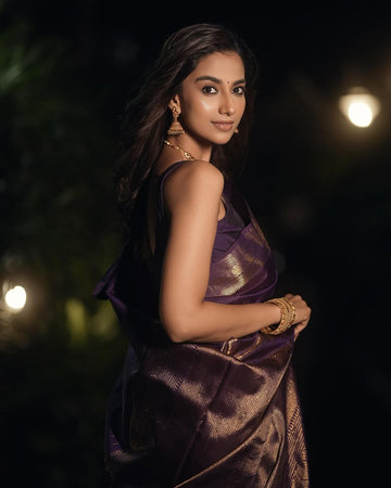 Purple Peacock Motifs Pure Kanchipuram Silk Saree - Diadem