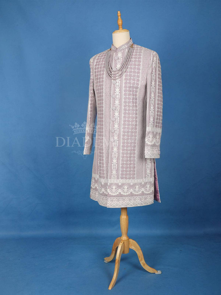 Lavender Cotton Floral Designed Sherwani Suit - Diadem