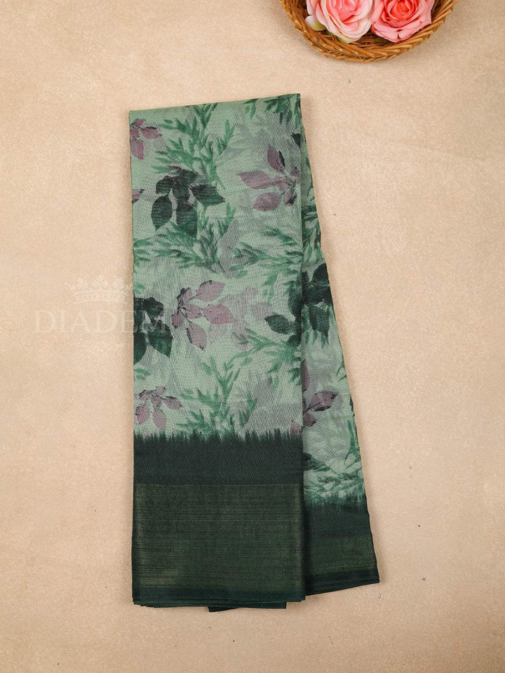 Mint Green Cotton Saree With Floral Designs On the Body with Contrast Border - Diadem