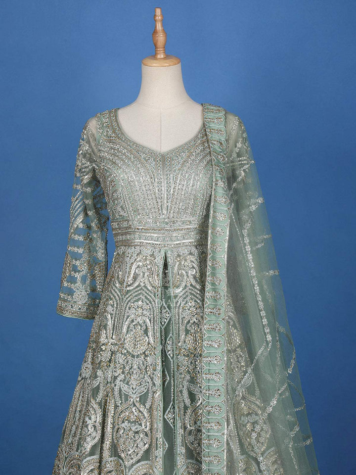 Mint Green Floral Embroidered Net Wedding Bridal Lehenga - Diadem