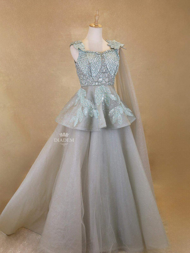 Mint Organza Sequins Beads Long Trail Wedding Bridal Lehenga - Diadem