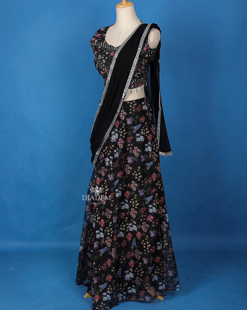 Mirror Embroidered Black Organza Lehenga