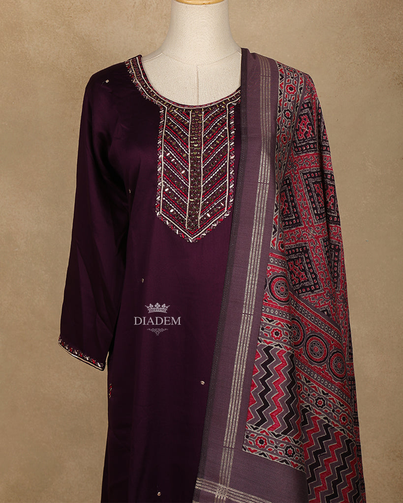 Mirror Embroidered Wine Salwar Suit