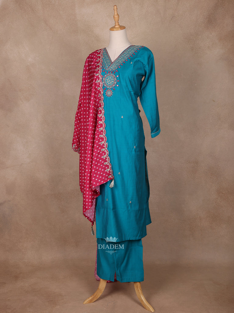 Mirror Embroidery Blue Raw Silk Salwar