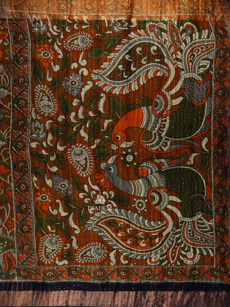 Multicolor Floral and Peacock Designs Rust