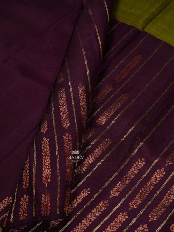 Multicolor Pure Kanchipuram Silk Saree with Leaf and Stripes Pattern on the Body and without Border - Diadem