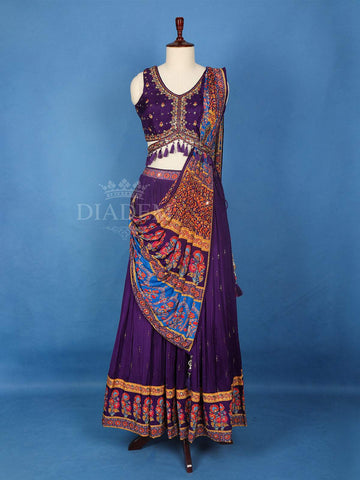 Purple Floral Embroidery Georgette Indowestern Lehenga - Diadem