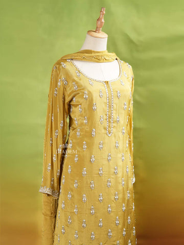 Mustard Yellow Palazzo Suit Adorned with Floral Embroidery, With Dupatta and 3/4 Sleeve - Diadem