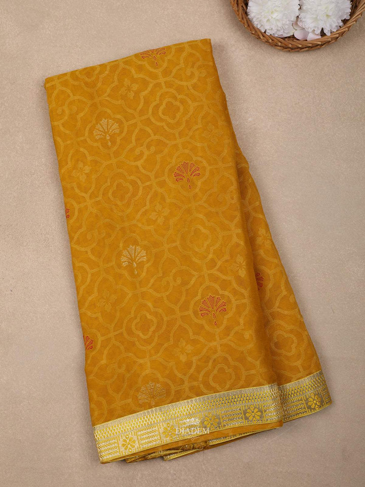 Mustard Yellow Abstract Printed Semi Cotton Saree - Diadem