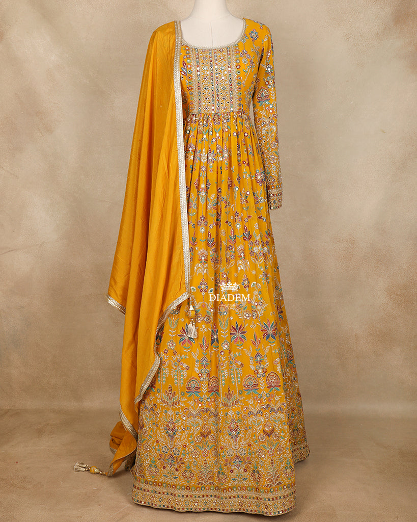 Mustard Yellow Floral Embroidery Design Gown