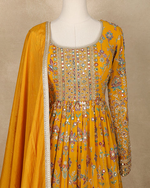 Mustard Yellow Gown Floral Embroidery Design