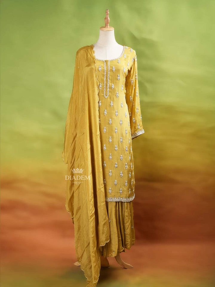 Mustard Yellow Palazzo Suit Adorned with Floral Embroidery, With Dupatta and 3/4 Sleeve - Diadem