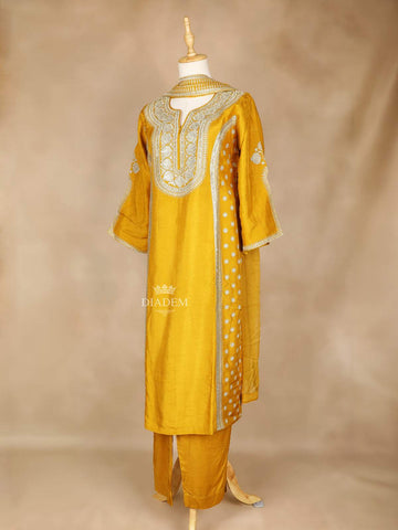 Mustard Yellow Straight Cut Salwar Suit Adorned With Floral Designs, with 3/4 Sleeve and Matching Dupatta - Diadem