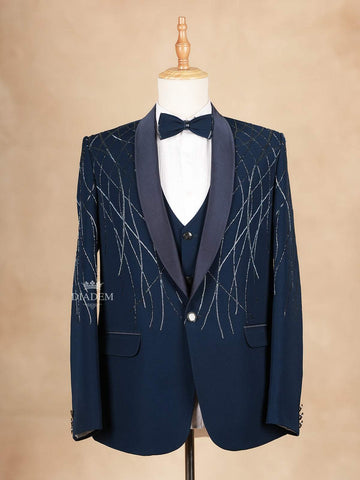 Navy Blue Blended Cotton Coat Suit with Attached Bow Set - Diadem