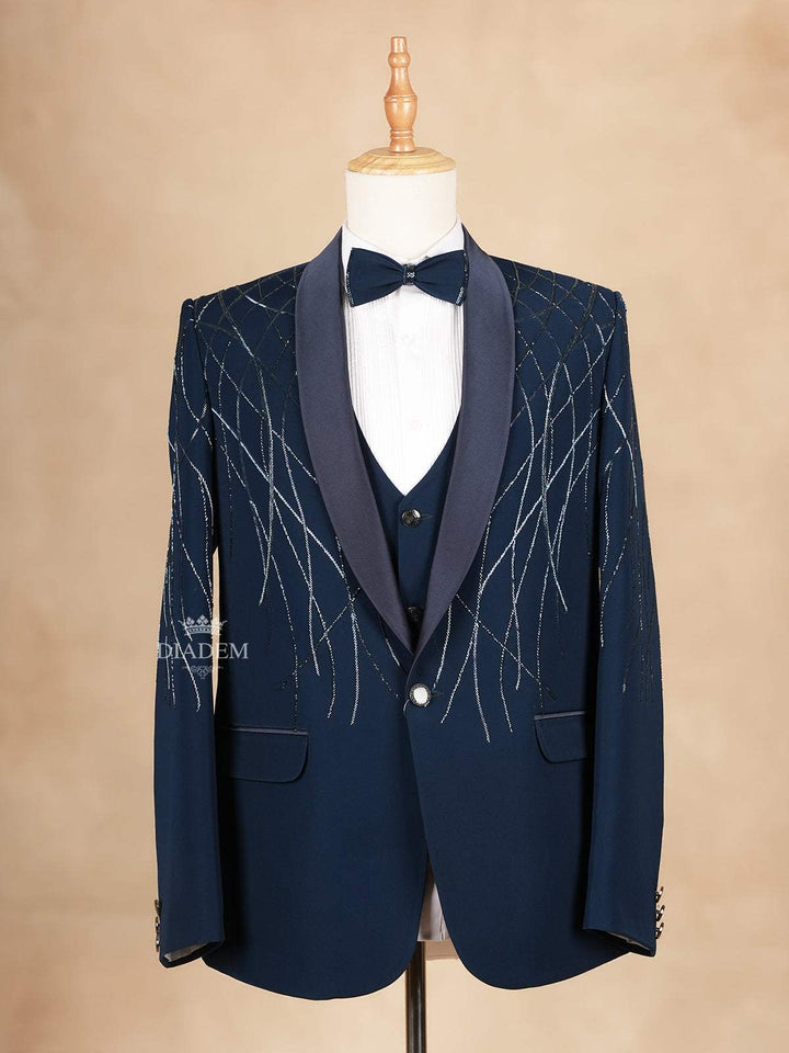 Navy Blue Blended Cotton Coat Suit with Attached Bow Set - Diadem