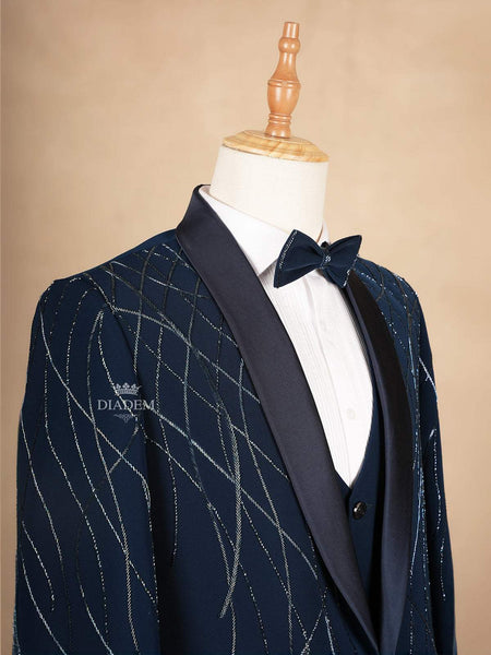 Navy Blue Blended Cotton Coat Suit with Attached Bow Set - Diadem