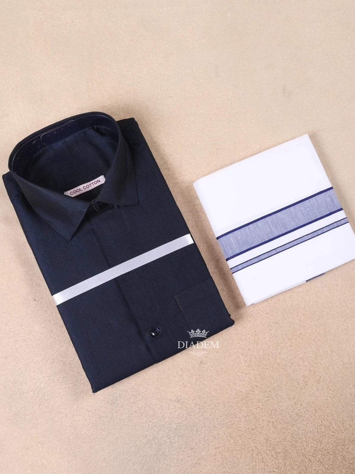 Navy Blue Plain Cotton Full-Sleeve Shirt with Matching Border Dhoti Set - Diadem