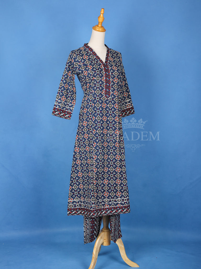 Dark Navy Blue Cotton Printed Salwar Suit V-Neck