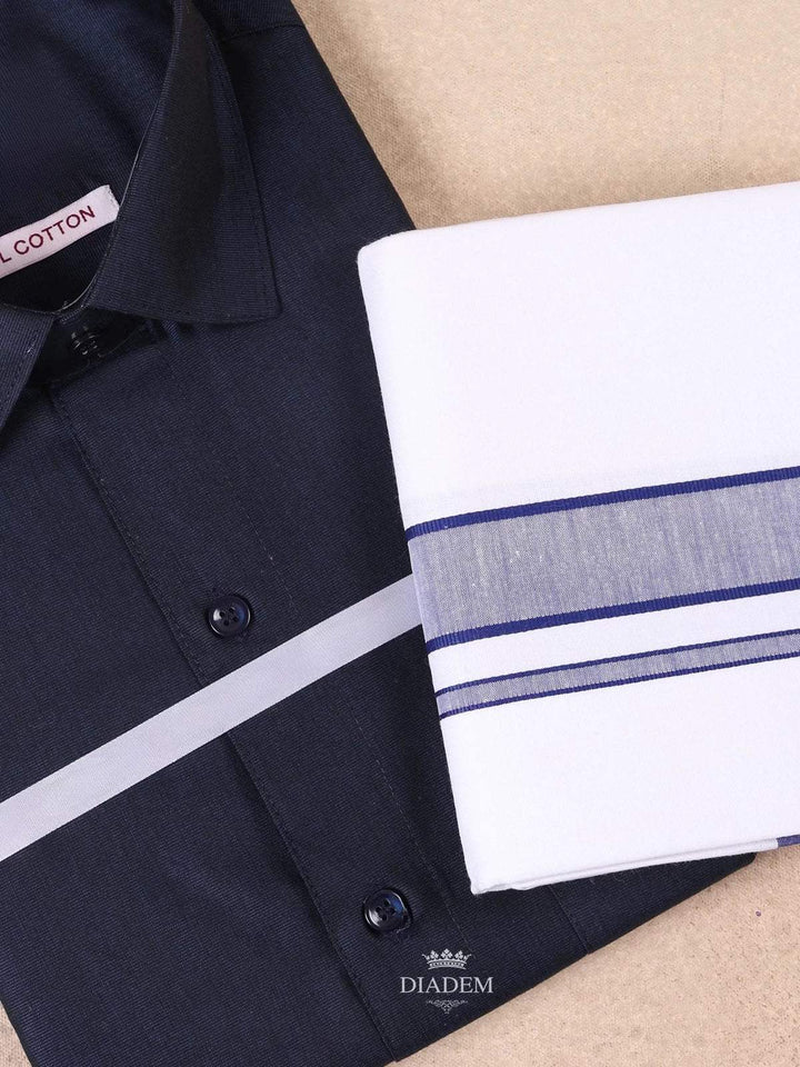 Navy Blue Plain Cotton Full-Sleeve Shirt with Matching Border Dhoti Set - Diadem