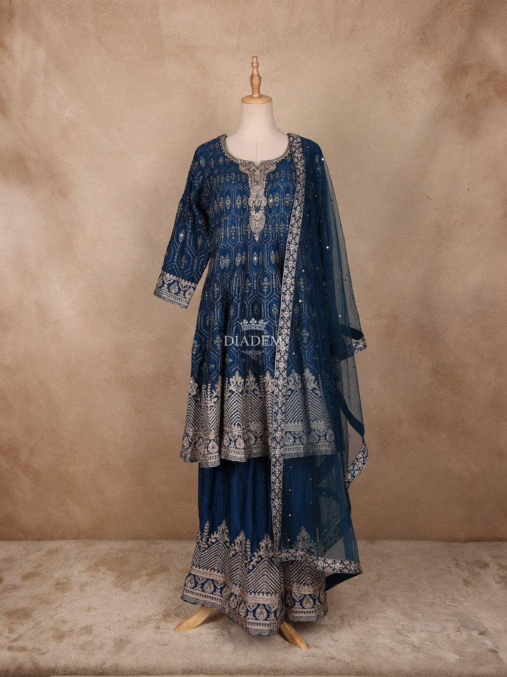 Navy Blue Geometric Embroidery Crepe Palazzo Suit - Diadem