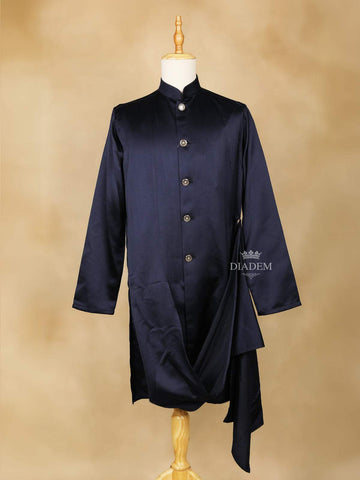 Dark Navy Blue Embroidery Indo-Western Sherwani Suit, with Pant and Brooch - Diadem