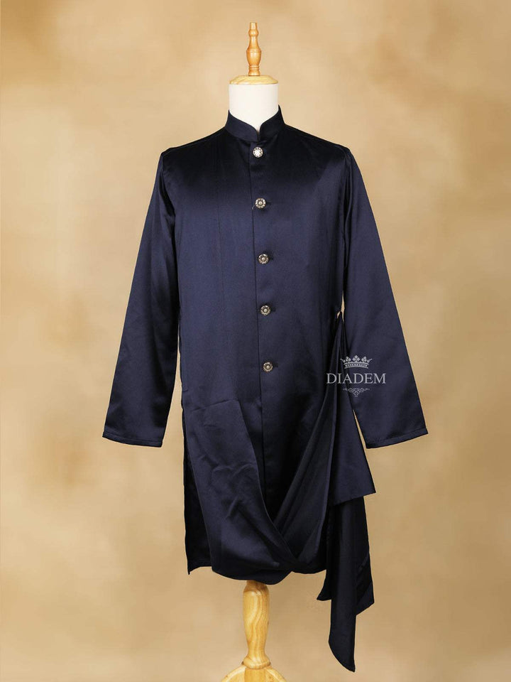 Dark Navy Blue Embroidery Indo-Western Sherwani Suit, with Pant and Brooch - Diadem