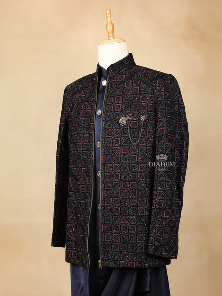 Dark Navy Blue Embroidery Indo-Western Sherwani Suit, with Pant and Brooch - Diadem