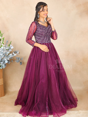 Dark Purple Sequins Embroidered Net Gown