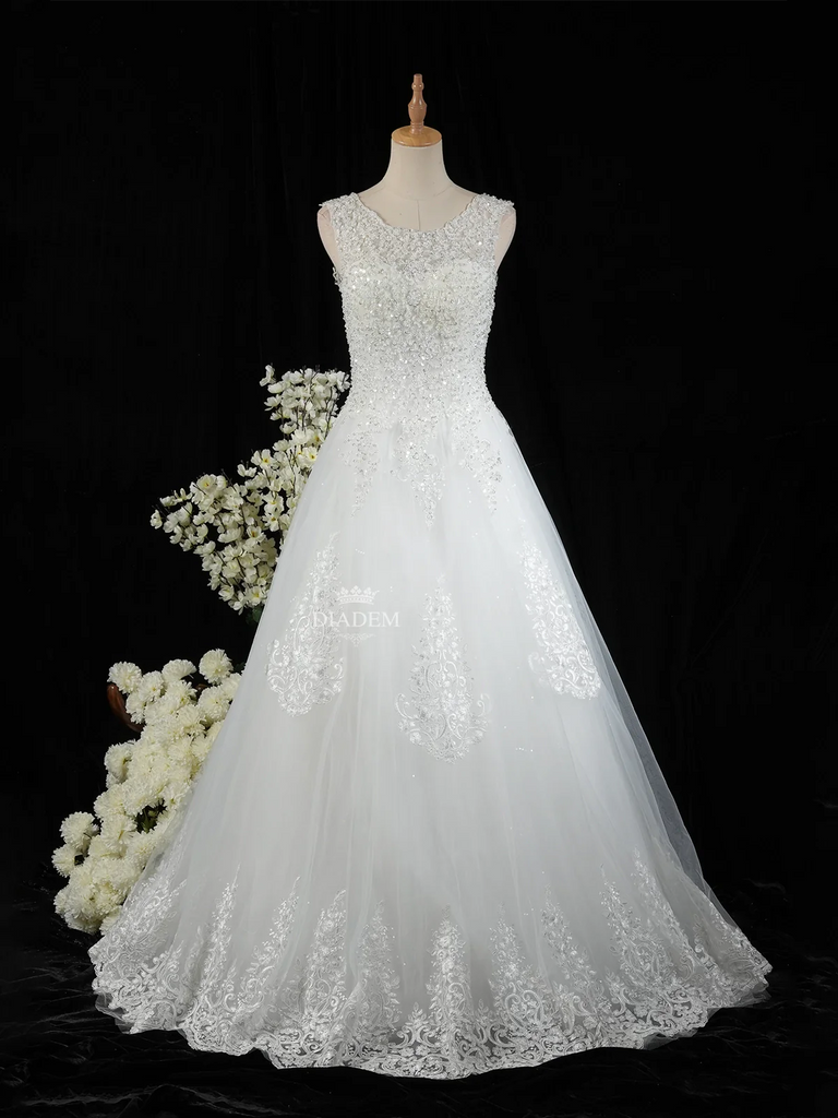 Net Gown in White Featuring Sequins, Embroidery