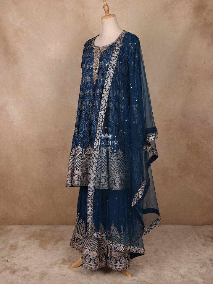 Navy Blue Geometric Embroidery Crepe Palazzo Suit - Diadem