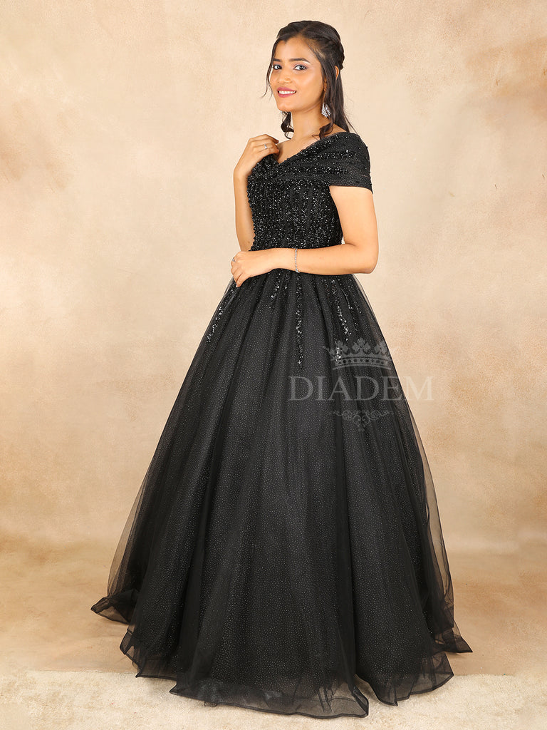 Beaded Embroidered Black Net Gown