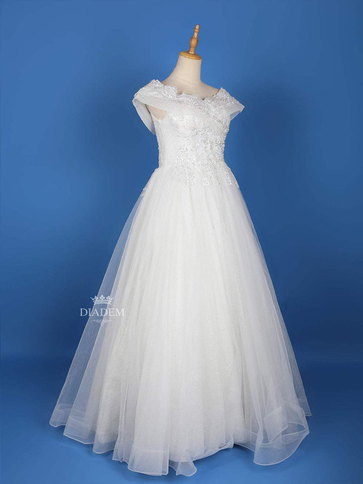 White Net Sequin Embroidery Designed Wedding Gown - Diadem