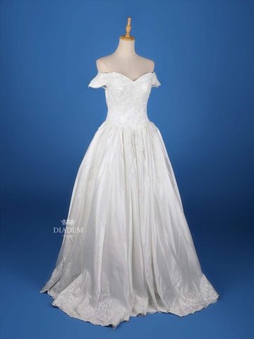 White Satin Floral lace and Beads Wedding Gown - Diadem