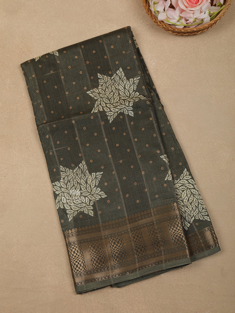 Olive Green Floral Designed Chanderi Silk