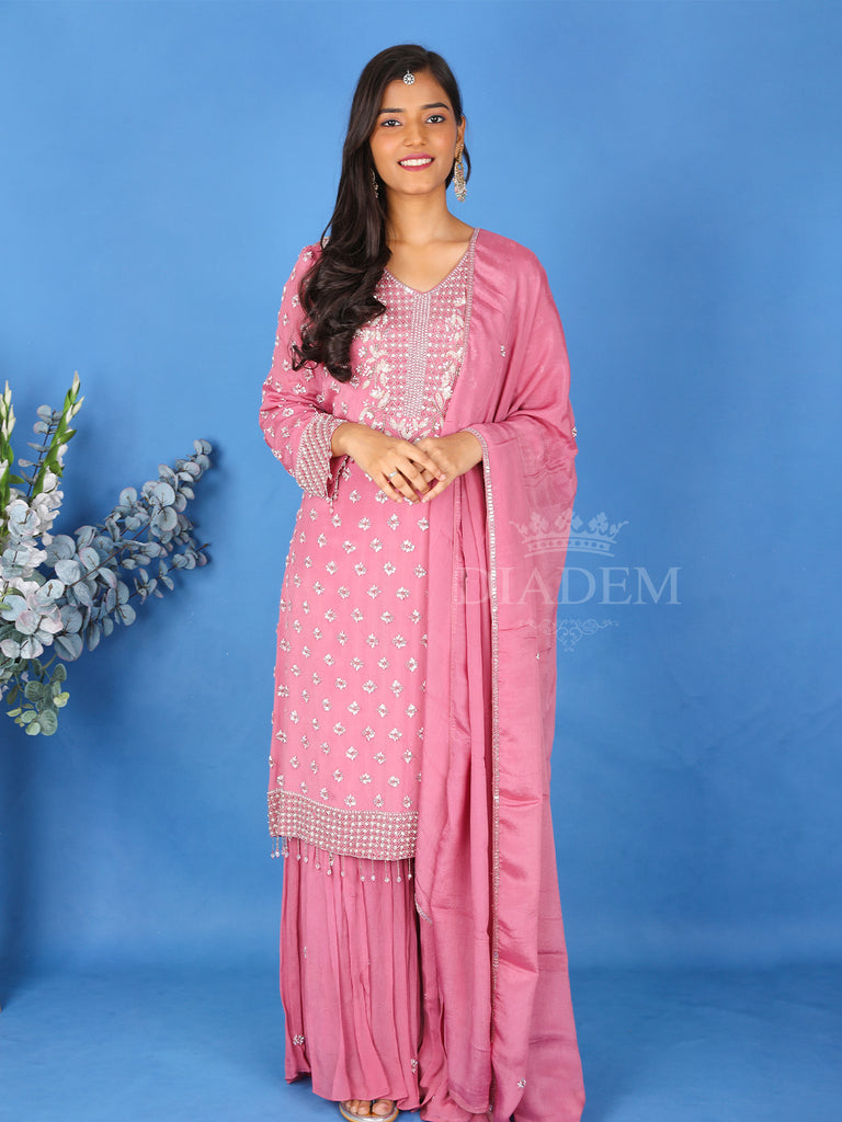 Onion Pink Floral Sharara Suit with V-Neckline