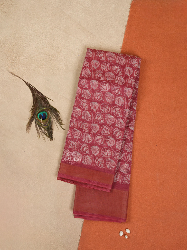 Onion Pink Linen Cotton Saree With Leaf