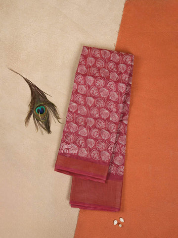 Onion Pink Linen Cotton Saree With Leaf Designs On the Body with Matching Border - Diadem