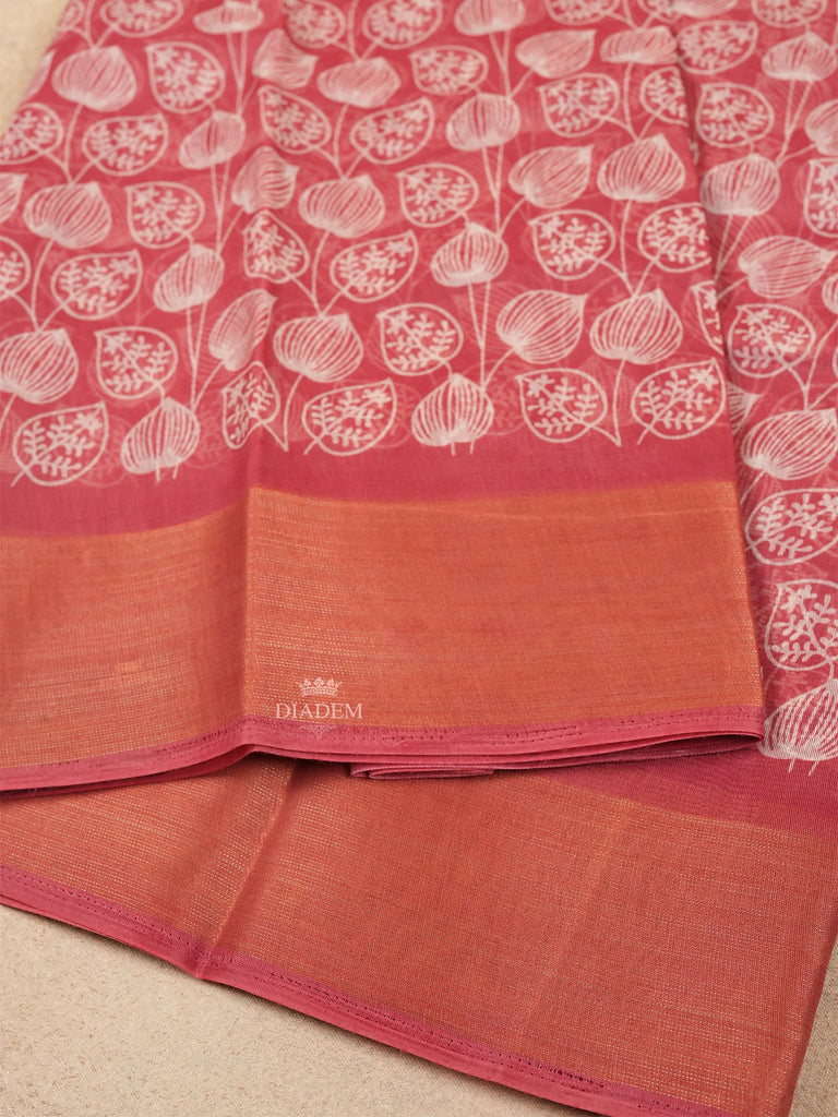 Onion Pink Saree in Linen Cotton with Leaf