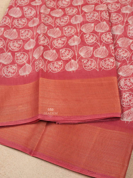 Onion Pink Linen Cotton Saree With Leaf Designs On the Body with Matching Border - Diadem