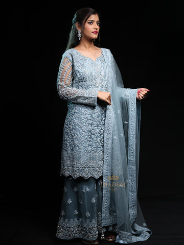 Elegant Floral Embroidered Blue Sharara