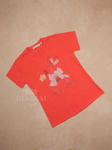 Orange Cotton Half Sleeve T-shirt 3D Floral